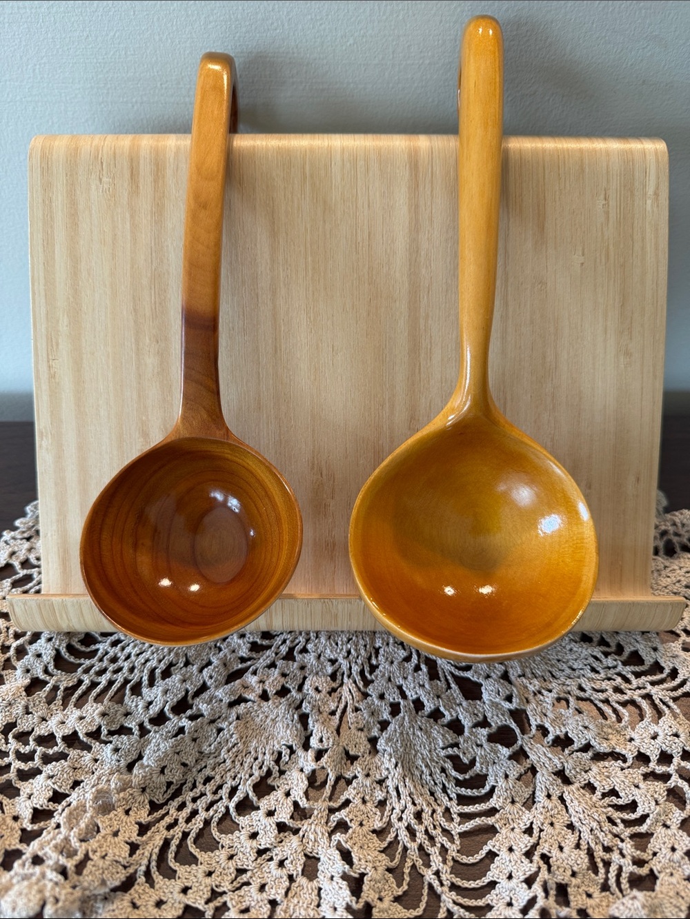 Unique Hand Carved Wooden Ladle Pair - Whimsical Hook Handles